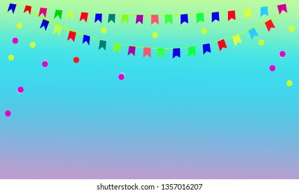 Festive background, flag garlands and confetti, space for design or text. 
