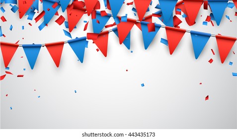 Festive background with flags and confetti. Vector paper illustration.