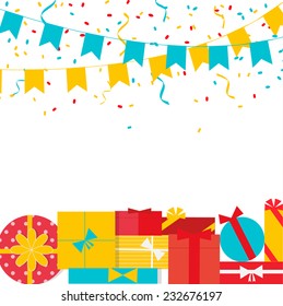 Festive background with with flags, gifts, streamers and confetti, vector illustration  