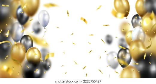 Festive background with flying balloons and falling confetti. Composition with blurred depth of field and central open space for text. Vector illustration.