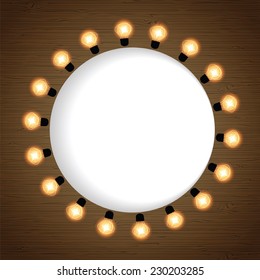Festive background with frame of bulb lights. Merry Christmas. Place for your text. Greeting Card. Vector illustration. 