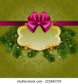 Festive background with frame, Christmas trees for cards, invitations on green background.