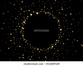Festive background frame gold glitter Circle shape and star.Gold glitters background black