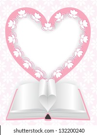 Festive background with frame in shape of heart and an open book