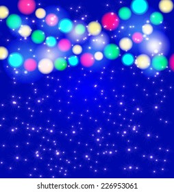 festive background with garlands of bokeh lights and sparks. Template for Christmas, birthday and other greeting cards.