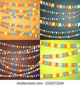 Festive background with garlands of flags. Cartoon style. Vector