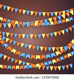 Festive background with garlands of flags. Cartoon style. Vector