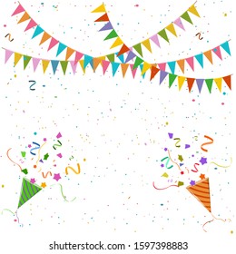 Festive background with garlands of flags and confetti. Isolated on white background.