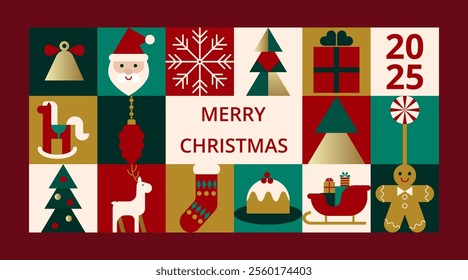 Festive background with geometric colourful shapes with text Merry Christmas 2025. Bauhaus style. Stylish icons of pine, deer, Santa, bell, gift box, lollipop and gingerbread. For banner, label, cover