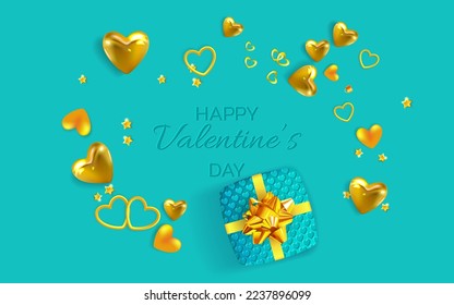 Festive background with gift box and golden hearts confetti. Holiday background with realistic 3d objects. Top view vector illustration