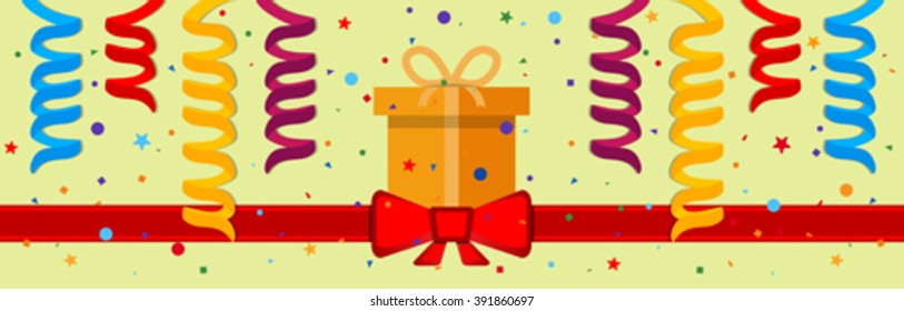Festive background with gift box and red ribbon. Eps 10