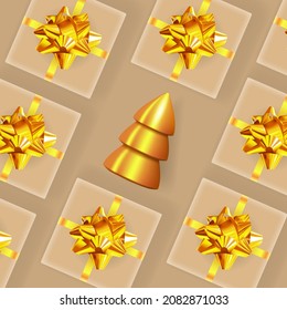Fondo festivo. Cajas de regalo con cintas y arcos dorados y solo árbol de Navidad. Composición festiva con objetos 3D realistas. Vista superior