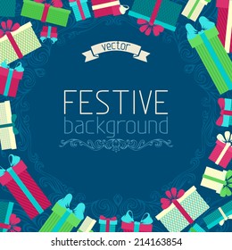 Festive background. Gift boxes and ornate design elements. There is place for your text in the center.