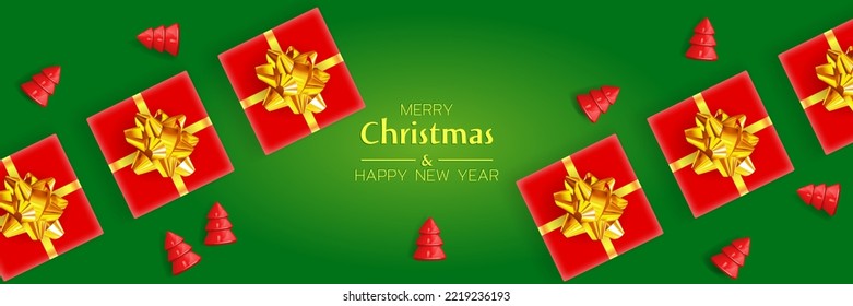 Fondo festivo con cajas de regalo y árboles plásticos de Navidad. Objetos 3d realistas para el diseño de Navidad y Año Nuevo. Vista superior