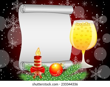 festive background with glass of champagne and christmas decorations,vector illustration