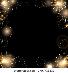 Festive background with glowing fireworks decorative frame on a black backdrop, bright sparkles and light bursts, for New Year designs, celebration invitations, event banners, greeting cards.Vector