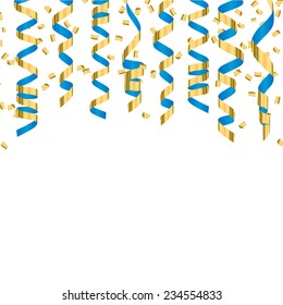 Festive Background With Gold And Blue Shiny Streamers And  Confetti, Vector Illustration. 