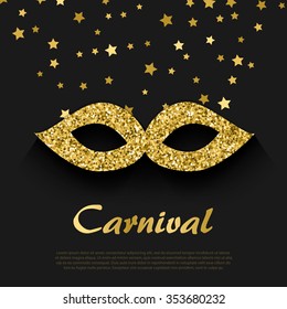 Festive background with gold carnival mask and stars, vector illustration