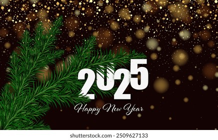 Festive background of gold dust and bokeh. New Year 2025 card, gold dust glitters and fir branch