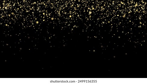 Festive background with gold glitter and confetti for Christmas celebration. Black vector background with glowing golden particles.