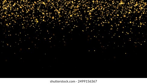 Festive background with gold glitter and confetti for Christmas celebration. Black vector background with glowing golden particles.