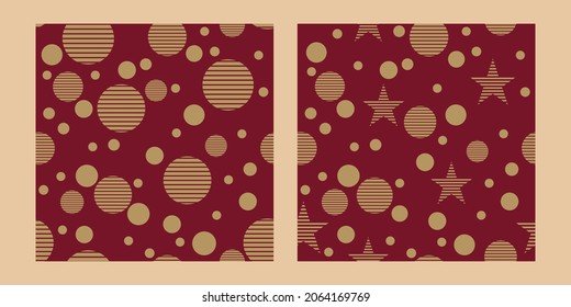 Festive background with gold stars and dots on a red background. Design for gift wrapping paper, fabric, clothes, scrapbook.