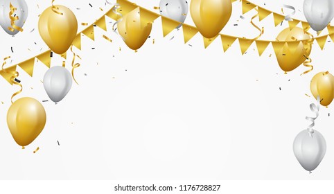 Festive background with gold and white balloons and confetti