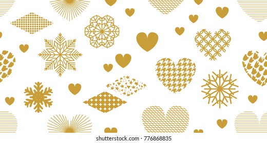 Festive background with golden hearts, ornaments and decorations. Seamless vector pattern for Valentines Day cards, birthday invitations, packaging and textile design.