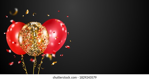 Festive background with golden and red air balloons and shiny pieces of serpentine. Vector illustration for posters, flyers or cards.