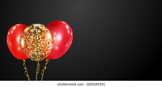 Festive background with golden and red air balloons and shiny pieces of serpentine. Vector illustration for posters, flyers or cards.
