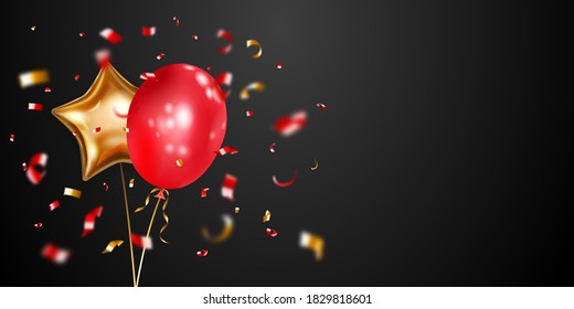 Festive background with golden and red air balloons and shiny pieces of serpentine. Vector illustration for posters, flyers or cards.