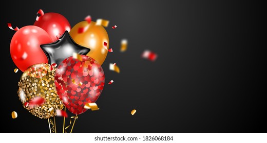 Fondo festivo con globos de aire dorados, rojos y plateados y piezas brillantes de serpentina. Ilustración vectorial para carteles, volantes o tarjetas.