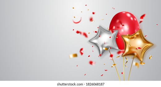 Festlicher Hintergrund mit goldenen, roten und silbernen Luftballons und glänzenden Stück Serpentine. Vektorgrafik für Poster, Flyer oder Karten.
