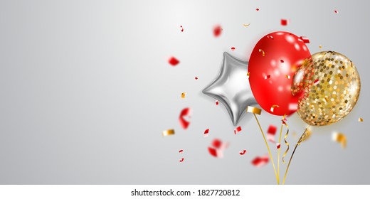 Festive background with golden, red and silver air balloons and shiny pieces of serpentine. Vector illustration for posters, flyers or cards.