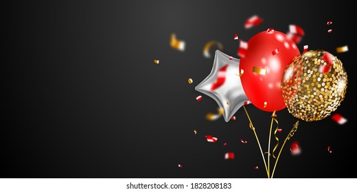 Festive background with golden, red and silver air balloons and shiny pieces of serpentine. Vector illustration for posters, flyers or cards.