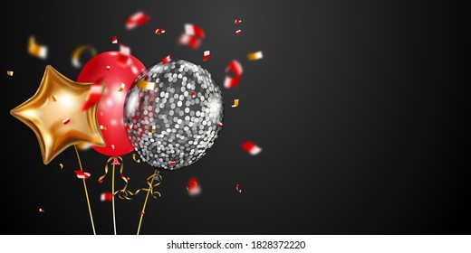 Festive background with golden, red and silver air balloons and shiny pieces of serpentine. Vector illustration for posters, flyers or cards.