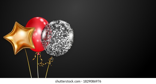 Festive background with golden, red and silver air balloons and shiny pieces of serpentine. Vector illustration for posters, flyers or cards.