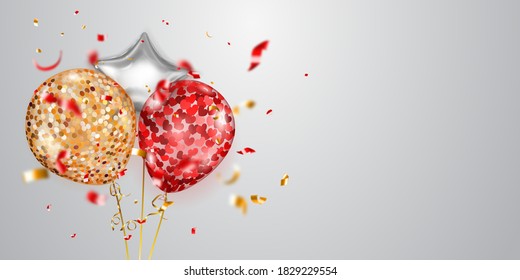 Festive background with golden, red and silver air balloons and shiny pieces of serpentine. Vector illustration for posters, flyers or cards.