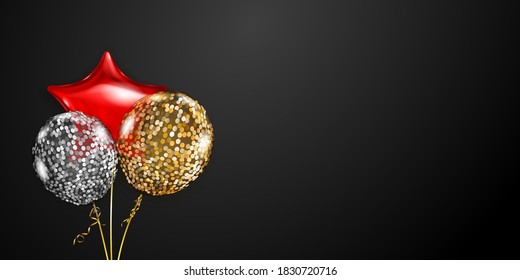 Festive background with golden, red and silver air balloons and shiny pieces of serpentine. Vector illustration for posters, flyers or cards.