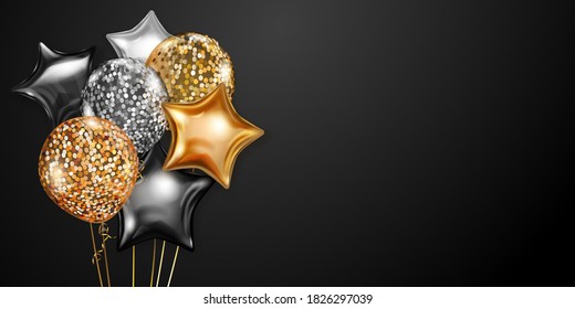 Festive background with golden and silver air balloons and shiny pieces of serpentine. Vector illustration for posters, flyers or cards.