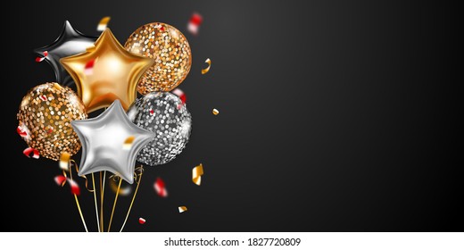 Festive background with golden and silver air balloons and shiny pieces of serpentine. Vector illustration for posters, flyers or cards.