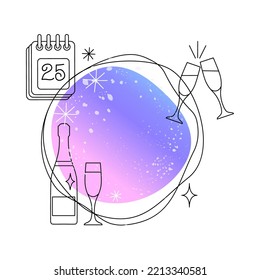 festive background with gradient and linear hand drawing in a trendy style. a New Year's template or a postcard with a place for text, for an invitation to a party, for a comment. stock vector EPS 10.