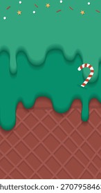 Festive background with green and brown colors. Green drips over a brown waffle texture, creating a playful holiday background. Christmas background with copy space. Background for Christmas.