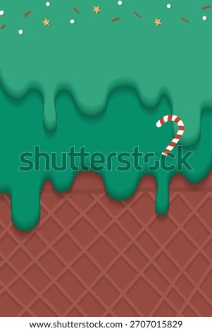 Festive background with green and brown colors. Green drips over a brown waffle texture, creating a playful holiday background. Christmas background with copy space. Background for Christmas.