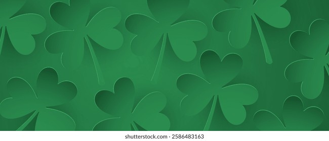 Festive background with green clovers for Patricks Day holiday greetings and invitations. St. Patrick's Day symbol. Vector illustration.