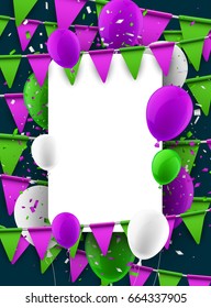 Festive background with green and lilac flags and balloons. Vector illustration.