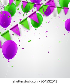 Festive background with green and lilac flags and balloons. Vector illustration.