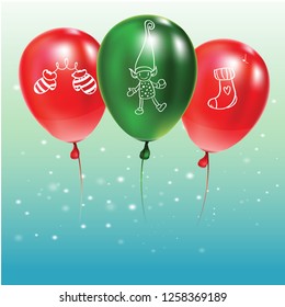 Festive background with green and red balloons with doodles.
