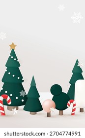 Festive background with green trees and candy canes. The background is light gray with snowflakes, creating a wintery, cheerful atmosphere. Christmas background vector.