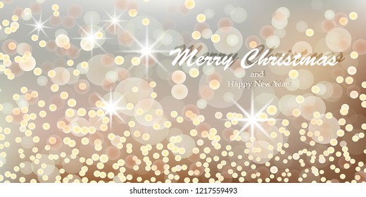 Festive background, greeting card, banner with bokeh effect. Christmas golden luminous background. Vector illustration.